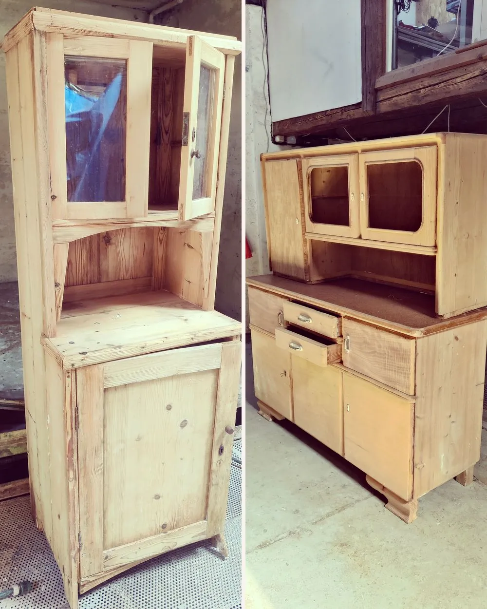 Abgelaugter Vitrinenschrank und Küchenbuffet